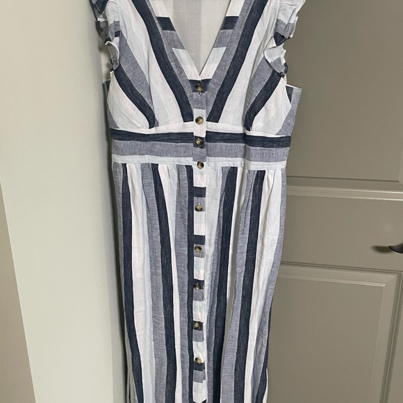 Point Sur J Crew Blue Striped Linen Front Button Blue Summer Midi Dress Size 14 - Picture 5 of 5